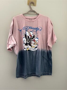 Ed Hardy Eagle Tattoo Graphic Dip Dye T-Shirt Pink Gray Men’s XL